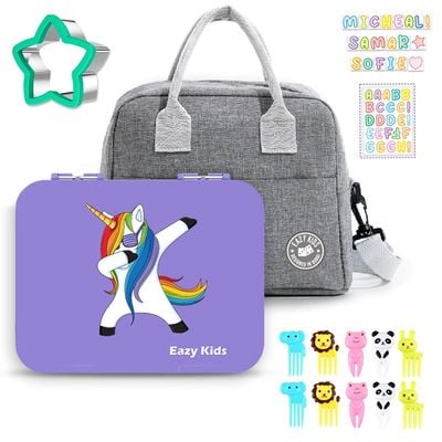 Eazy Kids Unicorn Purple 6 Compartment Bento Lunch Box w / Lunch Bag - Grey