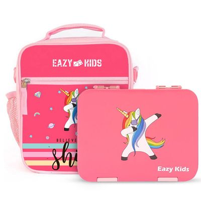 Eazy Kids Unicorn 6 / 4 Compartment Bento Lunch Box w / Lunch Bag - Pink