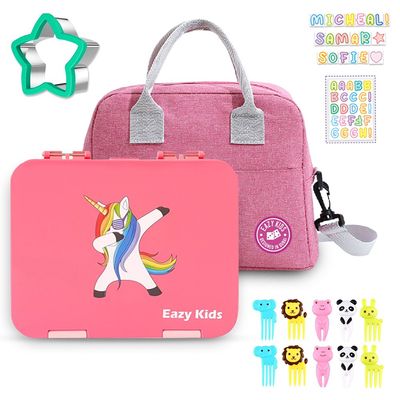 Eazy Kids Unicorn 6 / 4 Compartment Bento Lunch Box w / Lunch Bag - Pink