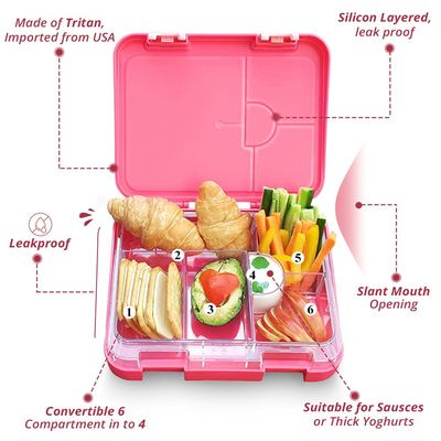 Eazy Kids Unicorn 6 / 4 Compartment Bento Lunch Box w / Lunch Bag - Pink