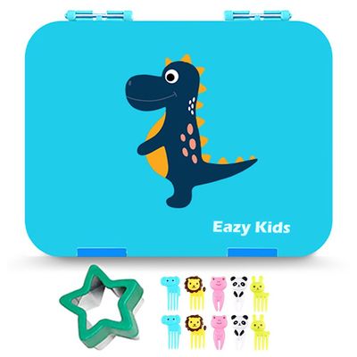 Eazy Kids Dinosaur 6/4 Compartment Bento Lunch Box w/ Lunch Bag-Blue