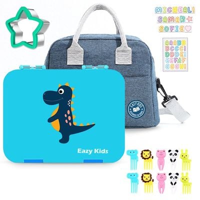 Eazy Kids Dinosaur 6 / 4 Compartment Bento Lunch Box w / Lunch Bag - Blue