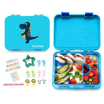 Eazy Kids Dinosaur 6/4 Compartment Bento Lunch Box w/ Lunch Bag-Blue