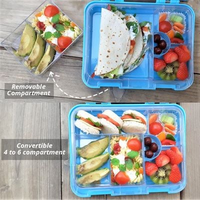 Eazy Kids Dinosaur 6 / 4 Compartment Bento Lunch Box w / Lunch Bag - Blue