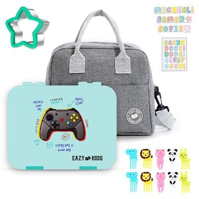 Eazy Kids PlayStation Green 6 Compartment Bento Lunch Box w / Lunch Bag - Blue