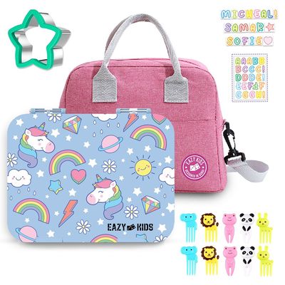 Eazy Kids Unicorn 4 Compartment Bento Lunch Box w / Lunch Bag - Pink