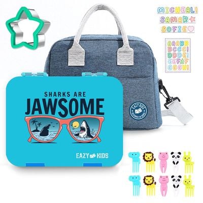 Eazy Kids Jawsome 6 / 4 Compartment Bento Lunch Box w / Lunch Bag - Blue