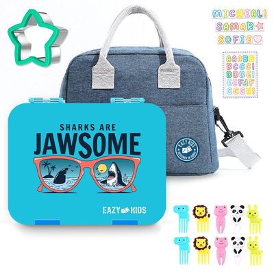 Eazy Kids Jawsome 6/4 Compartment Bento Lunch Box w/ Lunch Bag-Blue