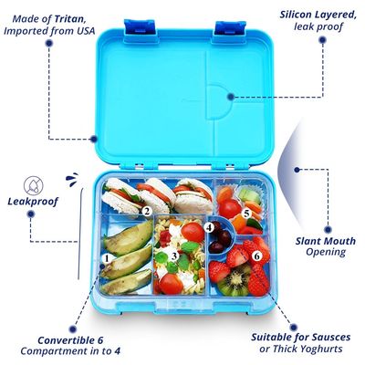 Eazy Kids Jawsome 6 / 4 Compartment Bento Lunch Box w / Lunch Bag - Blue