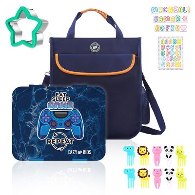 Eazy Kids Eat Sleep Game Repeat 5 Compartment Bento Lunch Box w/ Lunch Bag-Blue