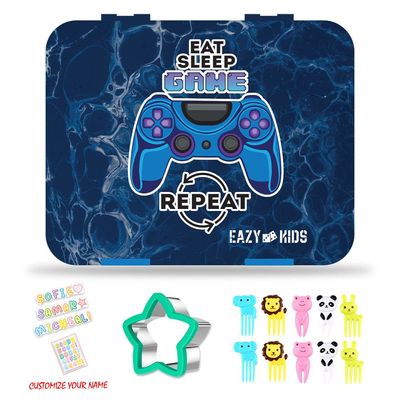 Eazy Kids Eat Sleep Game Repeat 5 Compartment Bento Lunch Box w/ Lunch Bag-Blue