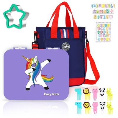 Eazy Kids Unicorn Purple 6 Compartment Bento Lunch Box w / Lunch Bag - Blue