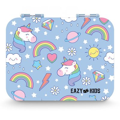 Eazy Kids 4 Compartment Bento Lunch Box w/ Lunch Bag and Steel Food Jar Unicorn-Blue