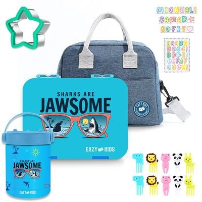 Eazy Kids 6 / 4 Compartment Bento Lunch Box w / Lunch Bag and Steel Food Jar Jawsome - Blue