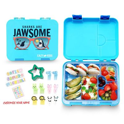 Eazy Kids 6/4 Compartment Bento Lunch Box w/ Lunch Bag and Steel Food Jar Jawsome-Blue