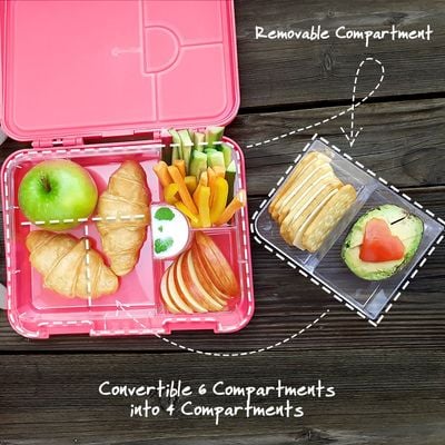 Eazy Kids 6 / 4 Compartment Bento Lunch Box w / Lunch Bag and Steel Food Jar Tropical - Pink