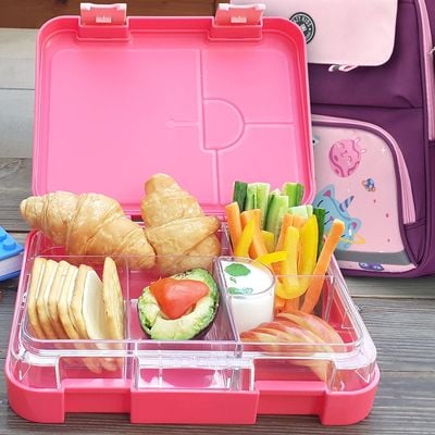 Eazy Kids 6 / 4 Compartment Bento Lunch Box w / Lunch Bag and Steel Food Jar Tropical - Pink