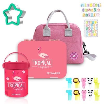 Eazy Kids 6 / 4 Compartment Bento Lunch Box w / Lunch Bag and Steel Food Jar Tropical - Pink