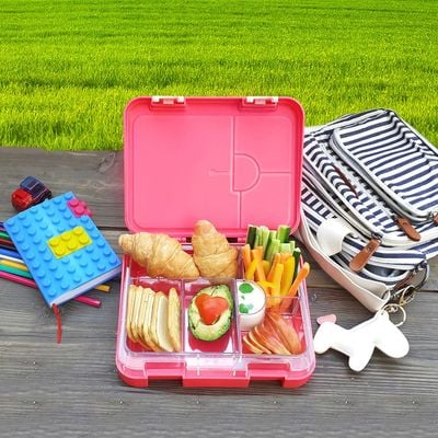 Eazy Kids 6 / 4 Compartment Bento Lunch Box w / Lunch Bag and Steel Food Jar Tropical - Pink