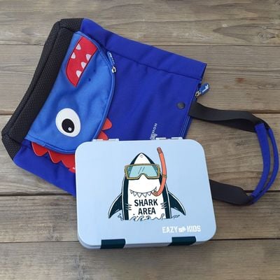 Eazy Kids 4 Compartment Bento Lunch Box w / Lunch Bag and Steel Food Jar Shark - Blue