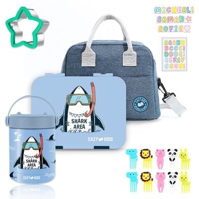 Eazy Kids 4 Compartment Bento Lunch Box w / Lunch Bag and Steel Food Jar Shark - Blue