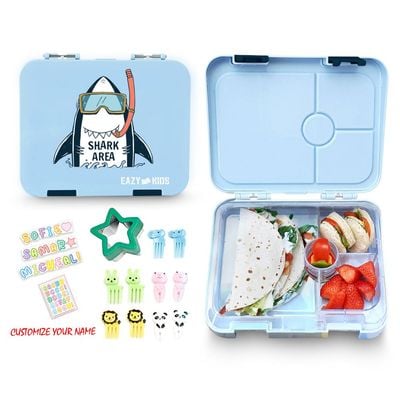 Eazy Kids 4 Compartment Bento Lunch Box w / Lunch Bag and Steel Food Jar Shark - Blue