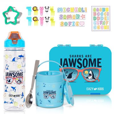 Eazy Kids 6/4 Compartment Bento Lunch Box w/ 2in1 Tritan Water Bottle and Steel Food Jar Jawsome-Blue