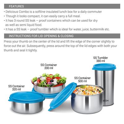 Milton Delicious Combo Stainless Steel Insulated Tiffin, Set of 4, (3 Container, 1 Tumbler) Blue