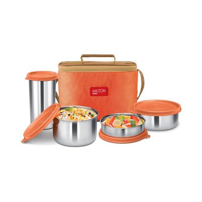 Milton Delicious Combo Stainless Steel Insulated Tiffin, Set of 4, (3 Container, 1 Tumbler) Orange