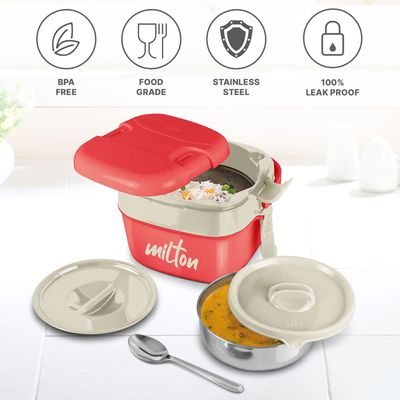 Milton Cubic Small Inner Stainless Steel Lunch Box, 800 ml, Red