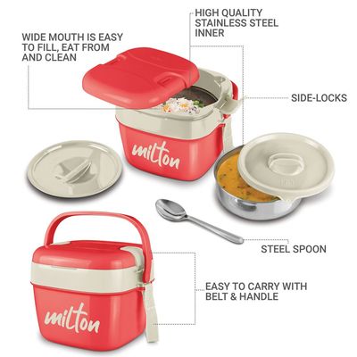 Milton Cubic Small Inner Stainless Steel Lunch Box, 1100 ml, Red