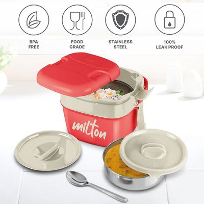 Milton Cubic Small Inner Stainless Steel Lunch Box, 1100 ml, Red