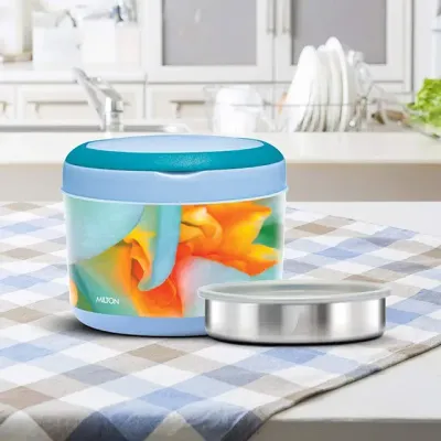 Milton Brunch Insulated Inner Stainless Steel Lunch Box with Additional Plate and Handle, 900 ml, Floral Blue