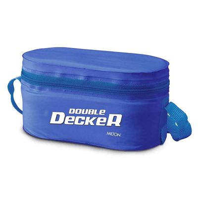 Milton Plastic Double Decker Lunch Box, (2 round Container, 280ml each; 1 Oval Container, 450ml) wt Lunch Bag, Blue