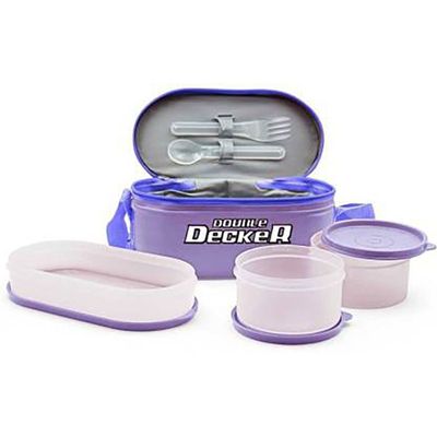 Milton Plastic Double Decker Lunch Box, (2 round Container, 280ml each; 1 Oval Container, 450ml) wt Lunch Bag, Purple