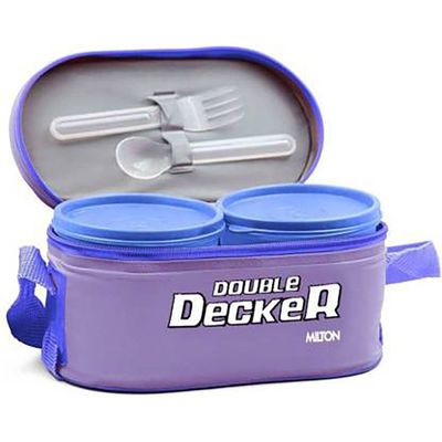 Milton Plastic Double Decker Lunch Box, (2 round Container, 280ml each; 1 Oval Container, 450ml) wt Lunch Bag, Purple