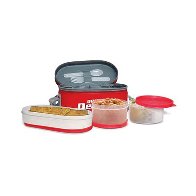 Milton Plastic Double Decker Lunch Box, (2 round Container, 280ml each; 1 Oval Container, 450ml) wt Lunch Bag, Red