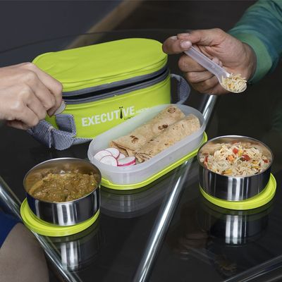 Milton Executive Insulated Lunch Box (2 Stainless Steel Container, 280 ml Each; 1 Microwave Safe Container, 450 ml) wt Lunch Bag, Green