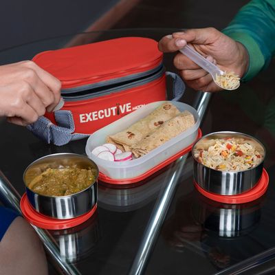 Milton Executive Insulated Lunch Box (2 Stainless Steel Container, 280 ml Each; 1 Microwave Safe Container, 450 ml) wt Lunch Bag, Red