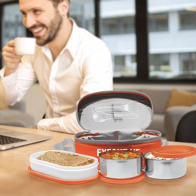 Milton Executive Insulated Lunch Box (2 Stainless Steel Container, 280 ml Each; 1 Microwave Safe Container, 450 ml) wt Lunch Bag, Orange