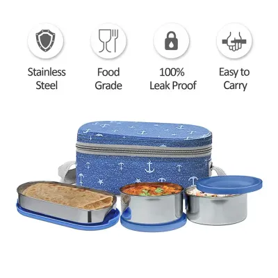 Milton Corporate Lunch 3 Stainless Steel Lunch Box with Lunch Bag, Blue