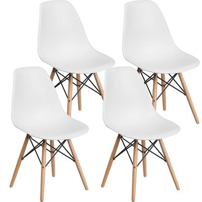 Mahmayi Eames Style DSW Dining Chair- Solid Wood Legs, ABS Plastic Seat, Eiffel Tower Leg Structure, Durable & Lightweight- Perfect Blend of Style and Comfort for Modern Dining Spaces- Set of 4, White