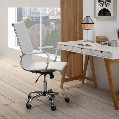 Mahmayi Ultimate 031H Eames Replica Ribbed PU Chrome High-Back Ergonomic Office Chair with Height Adjustable Seat - Complete Comfort for Your Workspace (High Back, White)