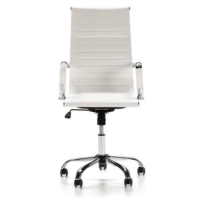 Mahmayi Ultimate 031H Eames Replica Ribbed PU Chrome High-Back Ergonomic Office Chair with Height Adjustable Seat - Complete Comfort for Your Workspace (High Back, White)