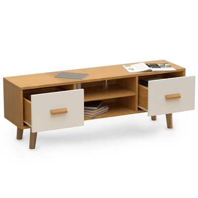 Mahmayi ME H301 Modern Multifunctional TV Table Stand, Storage Unit with Two Drawers and Storage Shelves, White Walnut