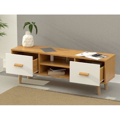 Mahmayi ME H301 Modern Multifunctional TV Table Stand, Storage Unit with Two Drawers and Storage Shelves, White Walnut