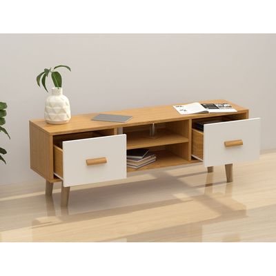 Mahmayi ME H301 Modern Multifunctional TV Table Stand, Storage Unit with Two Drawers and Storage Shelves, White Walnut