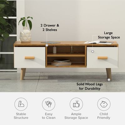 Mahmayi ME H301 Modern Multifunctional TV Table Stand, Storage Unit with Two Drawers and Storage Shelves, White Walnut