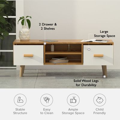 Mahmayi 301 Modern Multifunctional TV Table Stand - Storage Unit with 2 Drawers & Shelves - Living Room Furniture (Beech & White, Wood, TV Stand)