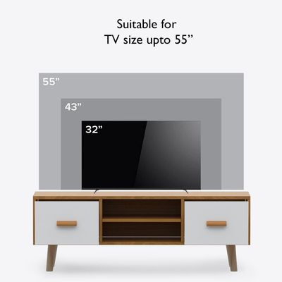 Mahmayi ME H301 Modern Multifunctional TV Table Stand, Storage Unit with Two Drawers and Storage Shelves, White Walnut